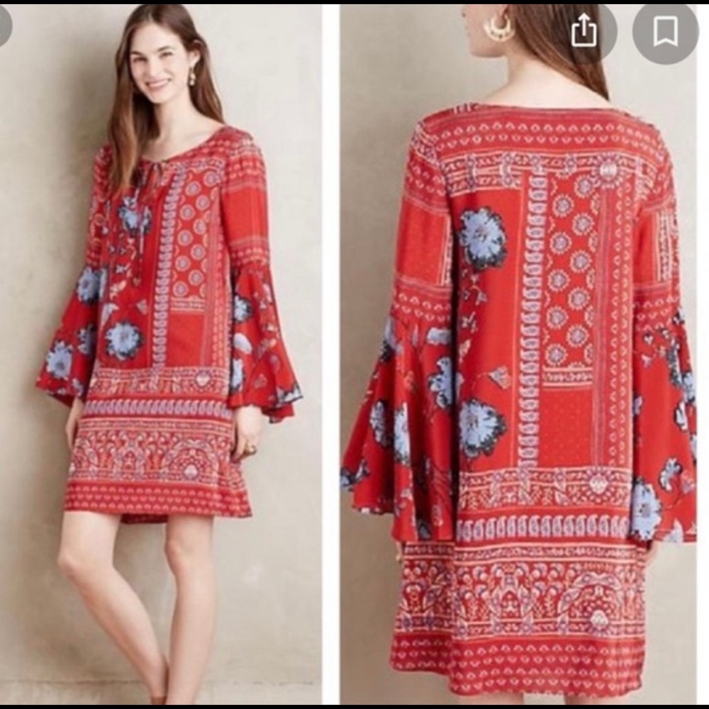 Vanessa Virgina 100% silk tunic dress bell sleeve